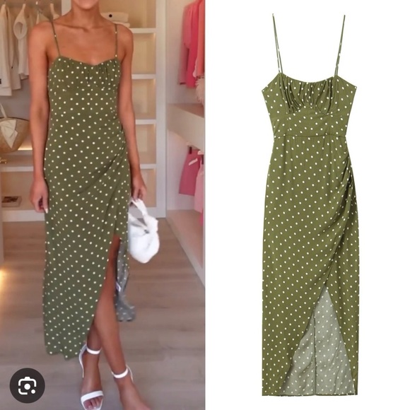 ZARA Olive Green Polka Dot Midi Dress Slip Style w/ Slit — Size S - Picture 2 of 7